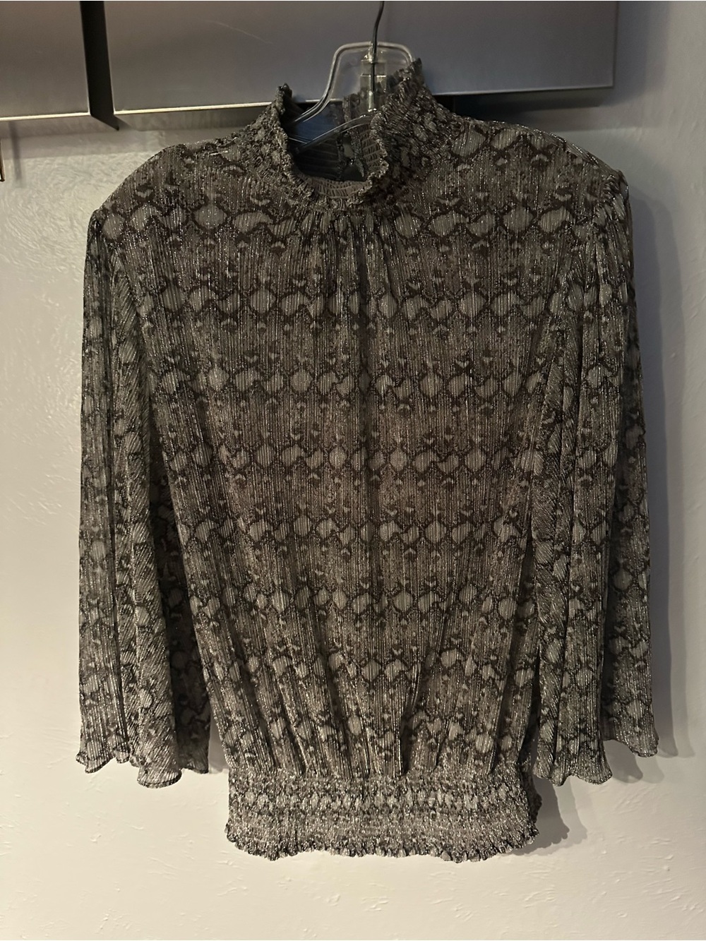 Ramy Brook Gray Smocked High-Neck Blouse